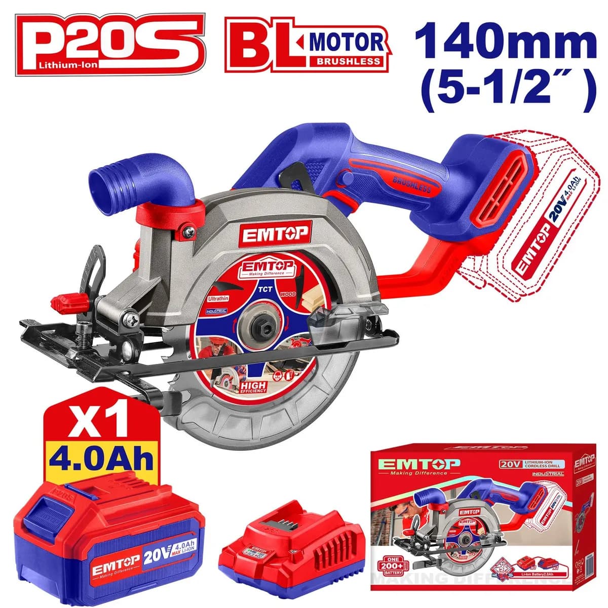 เลื่อยวงเดือนแบต 40mm. 20v 4Ah EMTOP ELCS14021